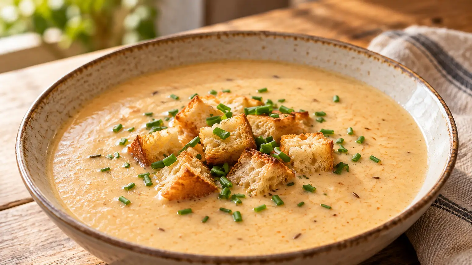 Demikát, zuppa slovacca cremosa di bryndza e patate con crostini dorati ed erba cipollina