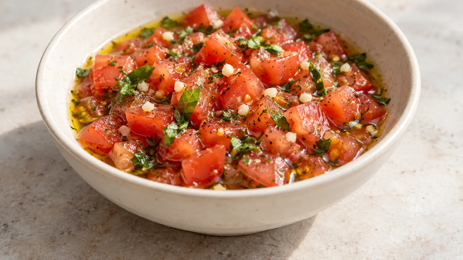 Sauce vierge fresca con pomodoro a dadini ed erbe verdi servita in una piccola ciotola