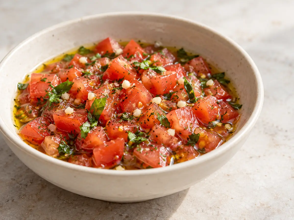 Sauce vierge — salsa fresca di pomodoro con olio d'oliva e basilico