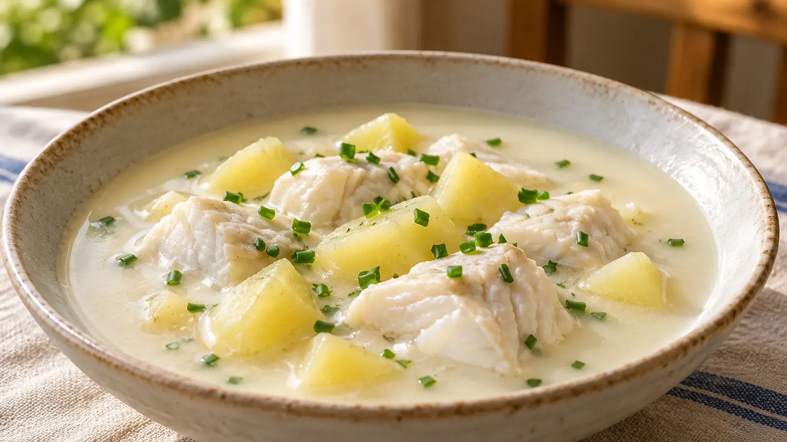 Gazpachuelo malagueño con pezzi di nasello e patate in brodo chiaro alla maionese al limone