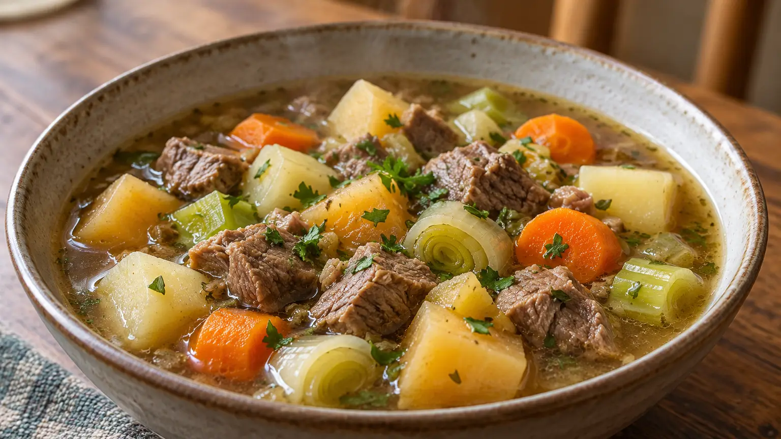 Welshe cawl met stukjes mals lamsvlees, aardappelen, wortel, koolraap, prei en peterselie in lichtbruine bouillon