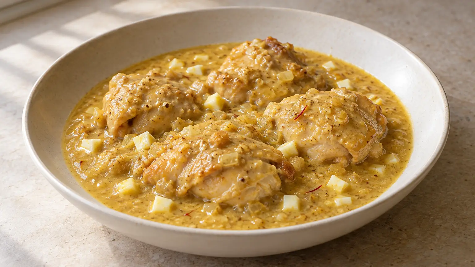 Pollo in salsa chiara di mandorle e zafferano con albume cotto tritato su un piatto