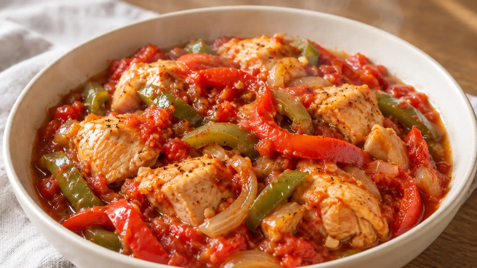 Pollo alla basca con strisce di peperoni rossi e verdi in salsa densa di pomodoro