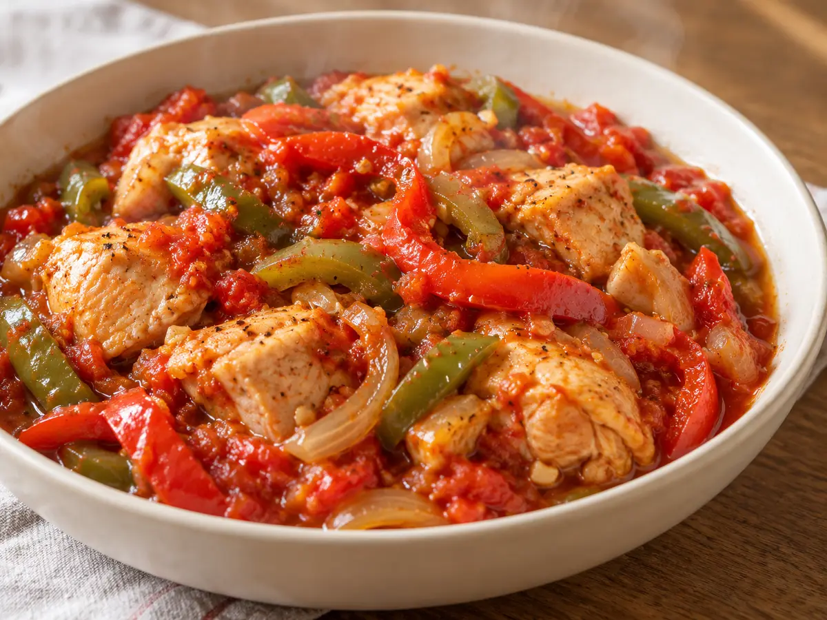 Poulet basquaise — pollo stufato con peperoni e pomodori