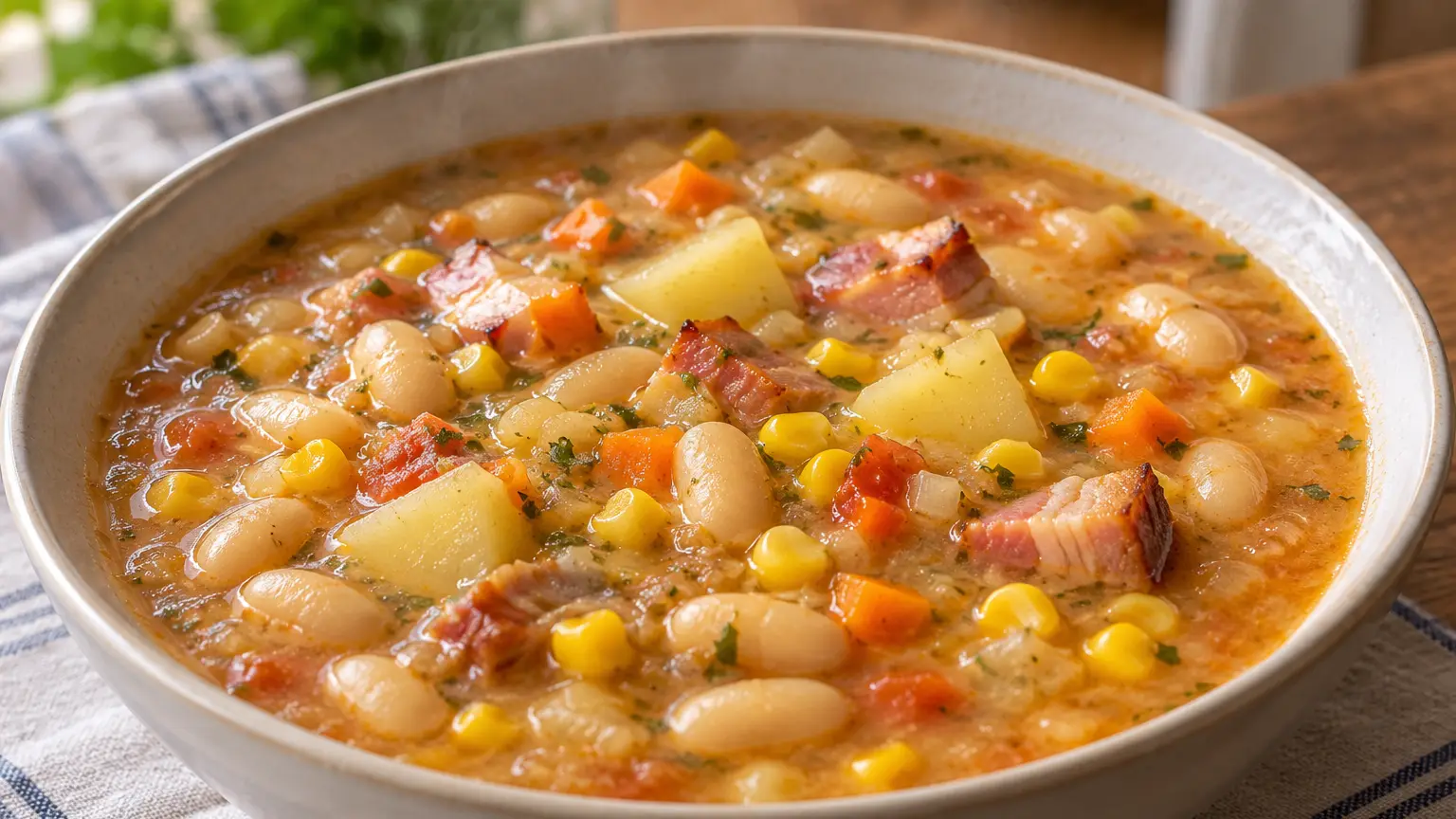 Maneštra istriana con fagioli bianchi, mais giallo, patate, carote e pancetta affumicata in brodo denso