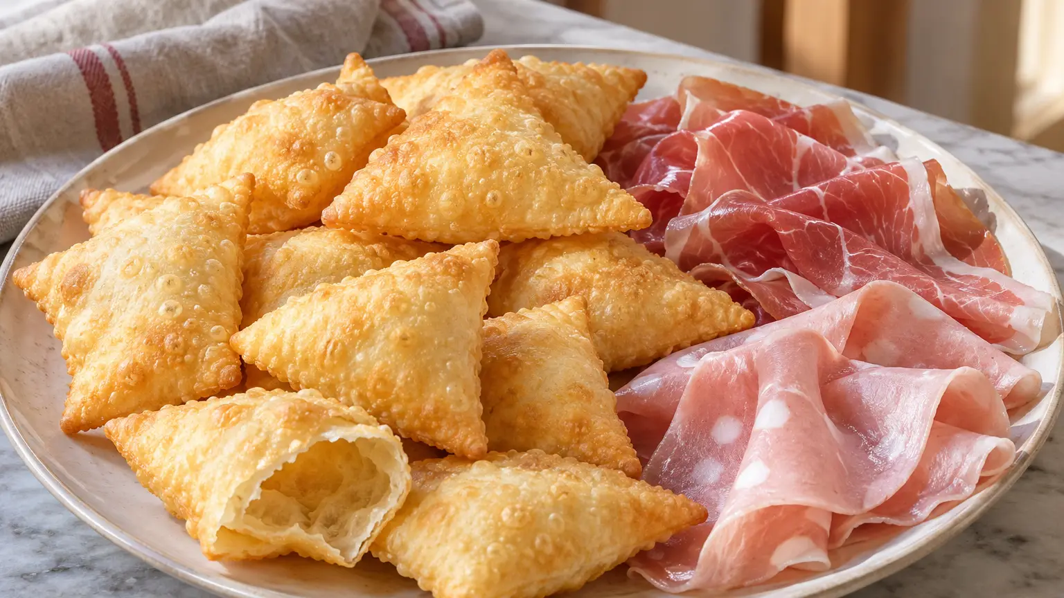 Goudgele luchtige ruiten gnocco fritto met krokante korst, prosciutto crudo en mortadella