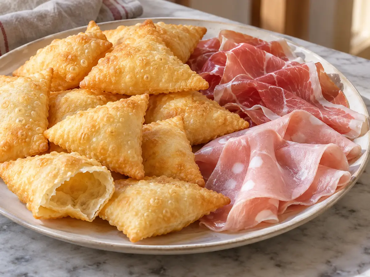 Gnocco fritto — soffici rombi italiani con prosciutto e mortadella