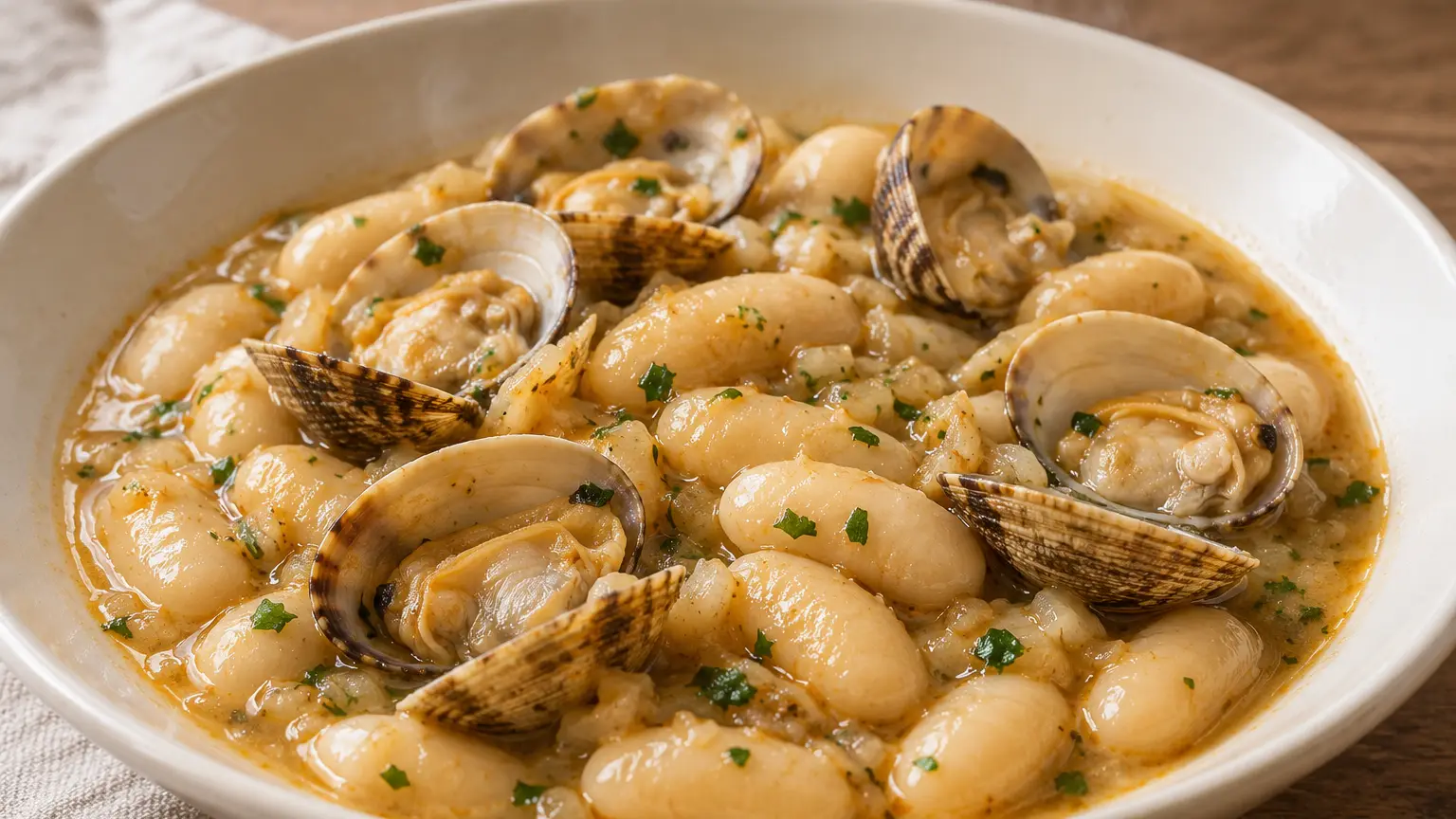 Fagioli bianchi con vongole aperte e prezzemolo in una salsa chiara densa