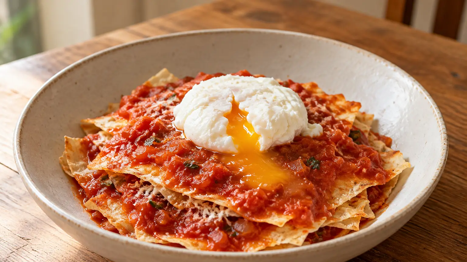 Zachte Sardijnse carasau-broodlagen met tomaten pecorino en een gepocheerd ei op een diep bord