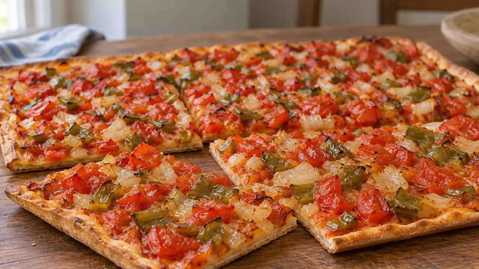 Sottile coca de trempó: pomodori arrostiti, peperone verde, cipolla e base croccante all’olio d’oliva