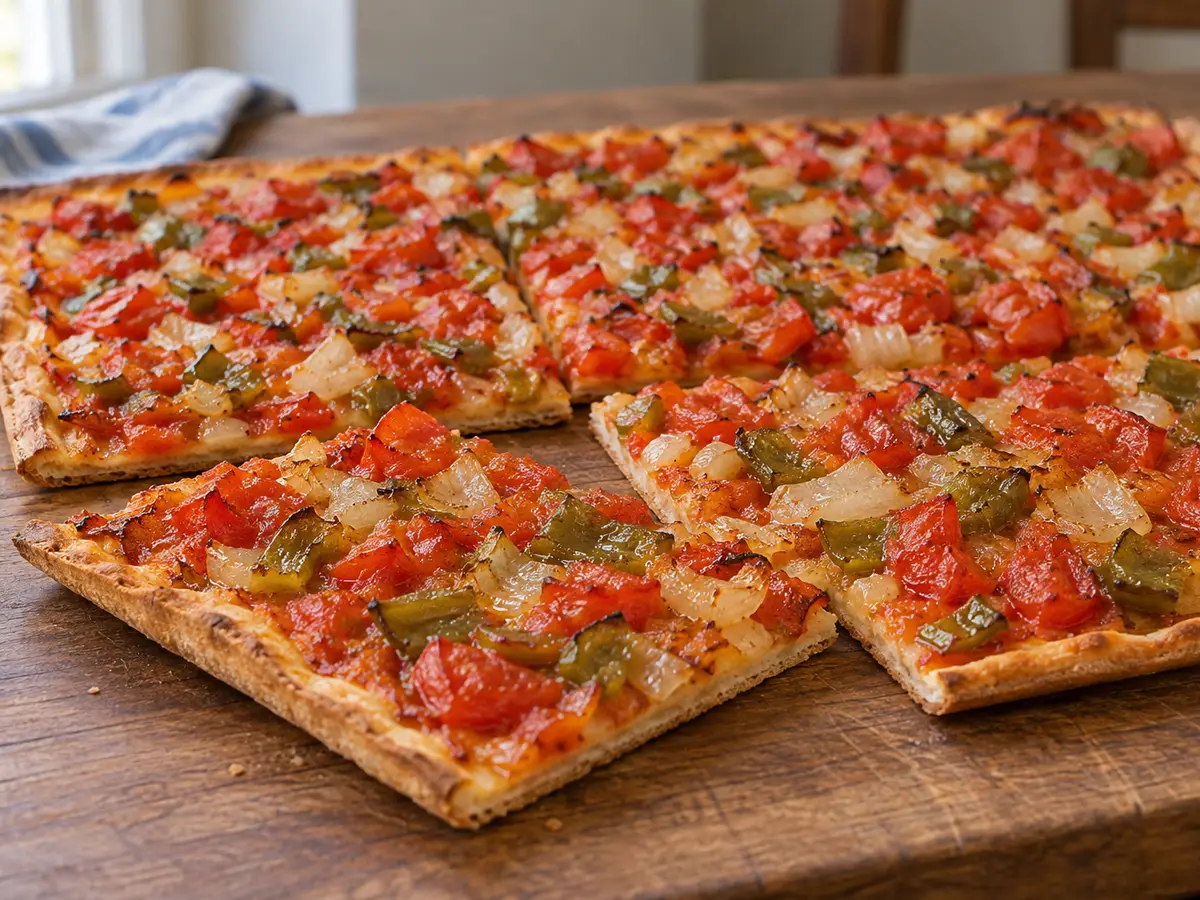 Coca de trempó — sottile torta salata maiorchina con pomodori, peperone verde e cipolla
