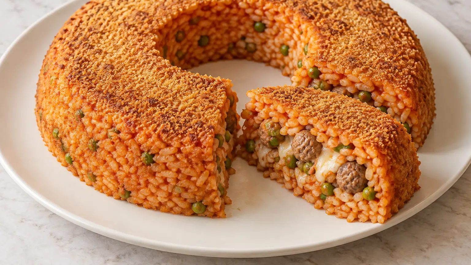 Corona dorata di riso con sezione di polpettine piselli e mozzarella filante