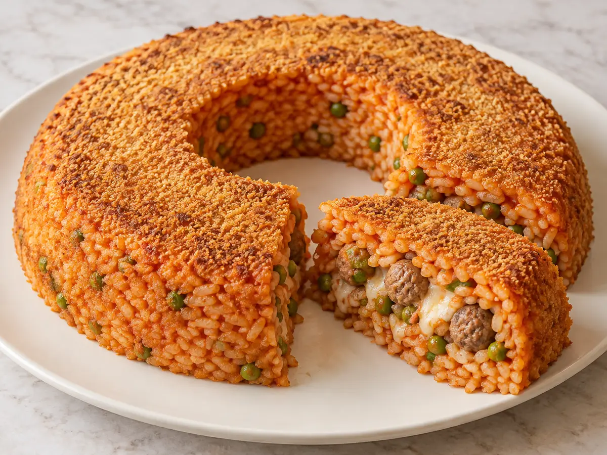 Sartù di riso — ciambella di riso con polpettine, piselli e mozzarella