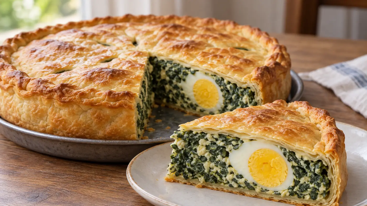 Torta pasqualina dorata con sottili strati di pasta, spinaci, ricotta e uovo intero in sezione