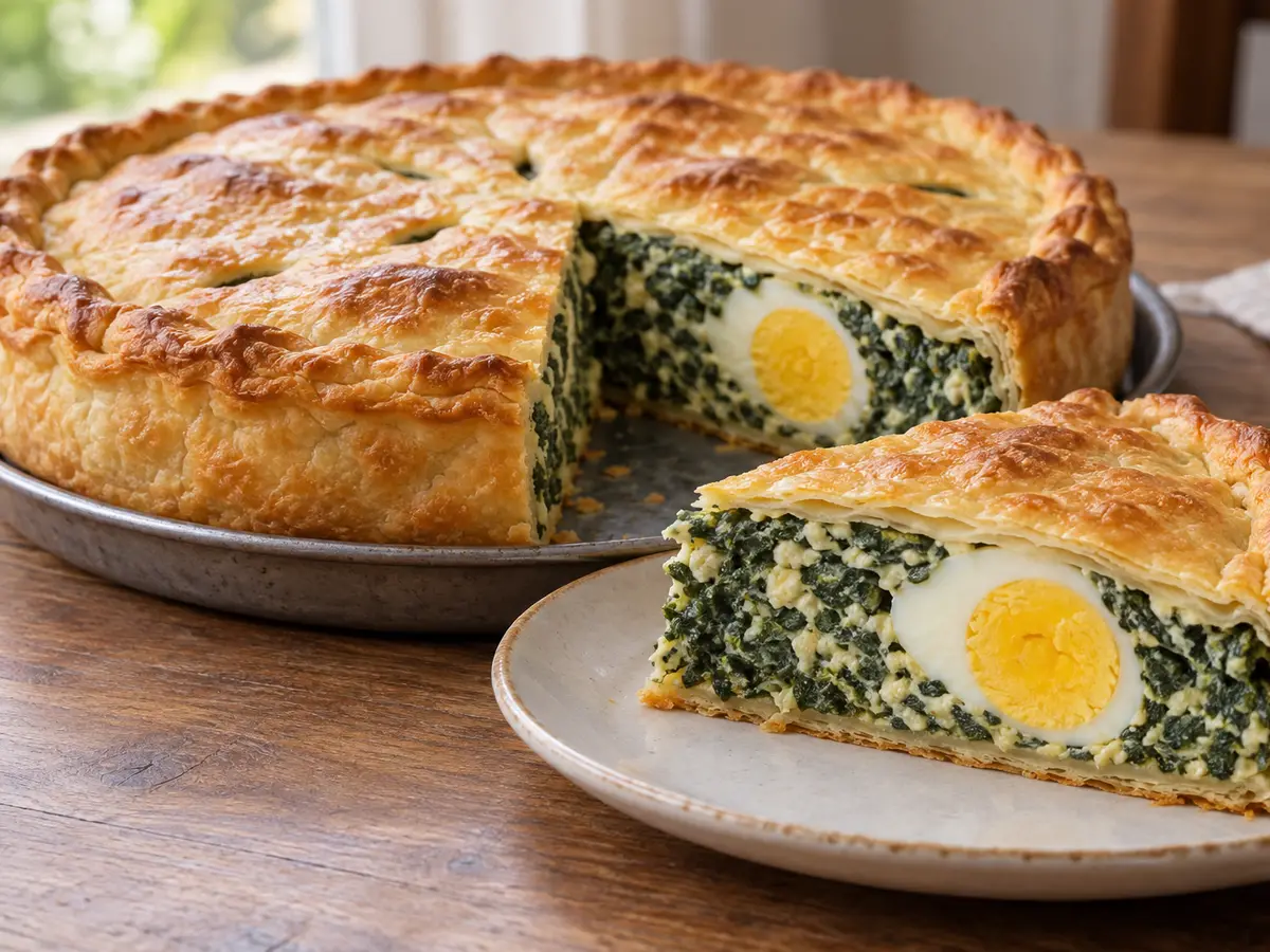 Torta pasqualina — gelaagde taart met spinazie, ricotta en hele eieren