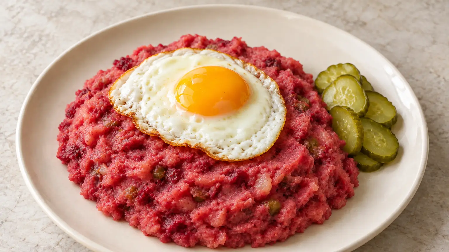 Purè rosa di patate manzo e barbabietola sotto un uovo con cetriolini a lato