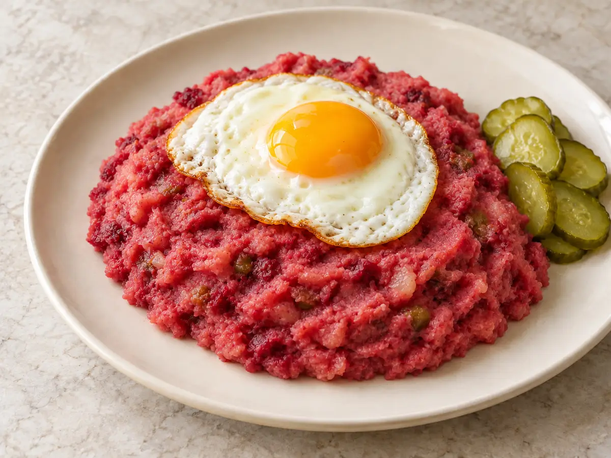 Labskaus — purè di patate e manzo con barbabietola, uovo e cetriolino