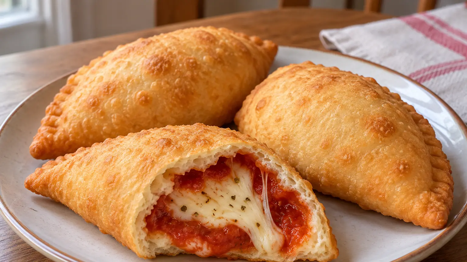 Goudbruine panzerotti met krokante korst, zacht deeg, dikke tomatensaus en draderig gesmolten mozzarella