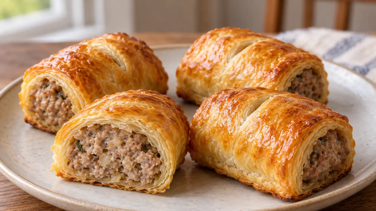 Sausage rolls dorati di sfoglia al burro con ripieno succoso di maiale e salvia fresca