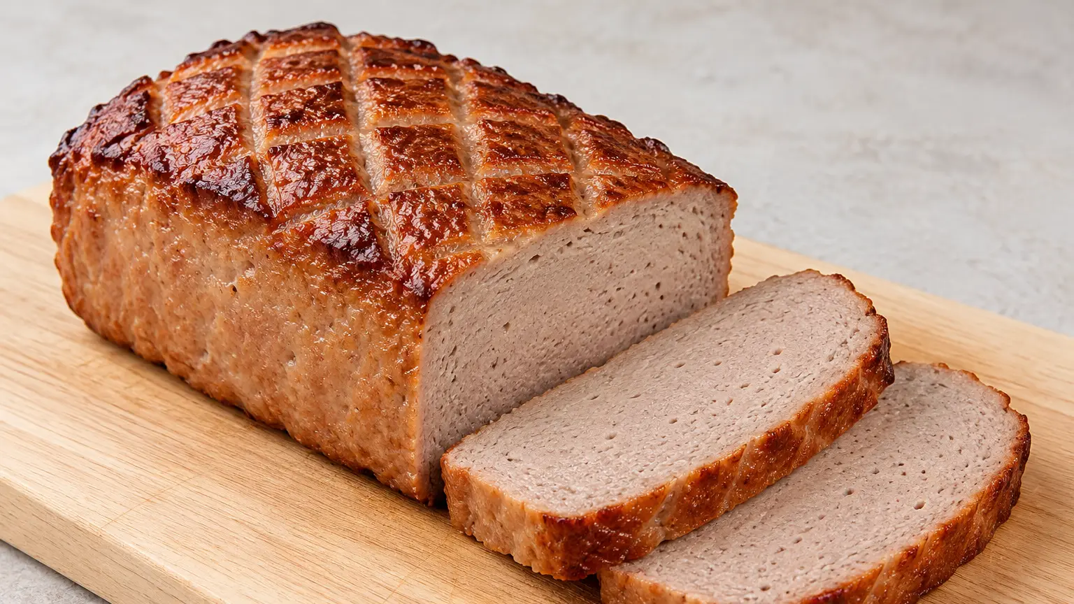 Leberkäse fatto in casa con crosta dorata e interno fine grigio beige sul tagliere