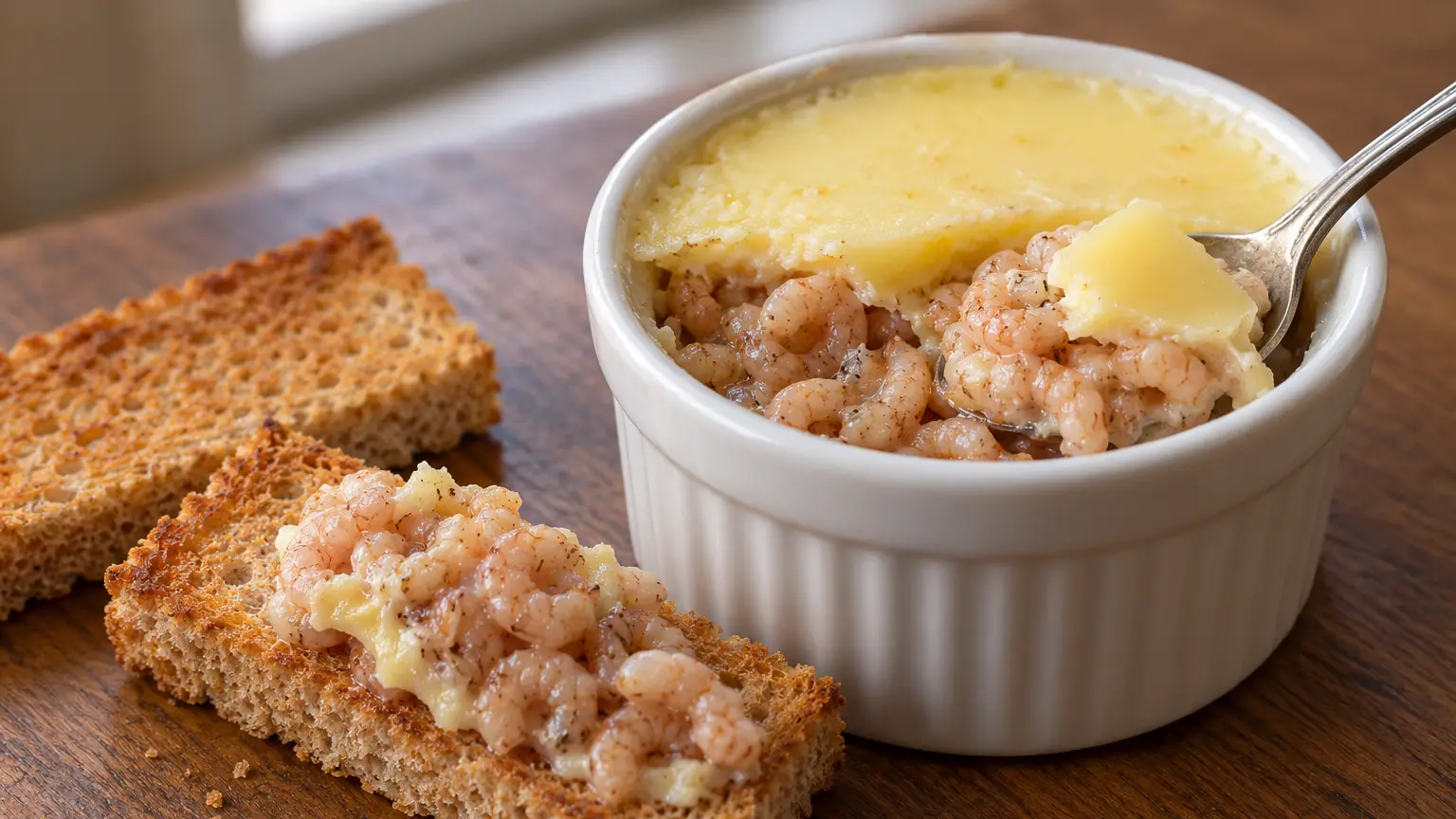 Piccoli gamberetti grigi in cocotte sotto burro chiarificato chiaro, con pane tostato croccante