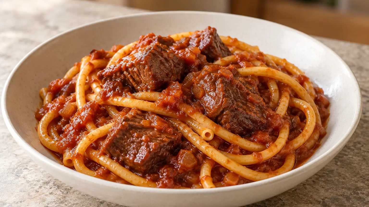 Pastitsada met mals rundvlees dikke bucatini en dikke rode saus op een bord