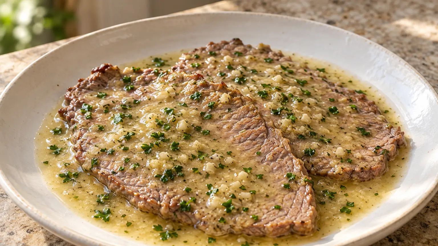 Sofrito met twee malse plakken rundvlees in lichte saus met knoflook en peterselie