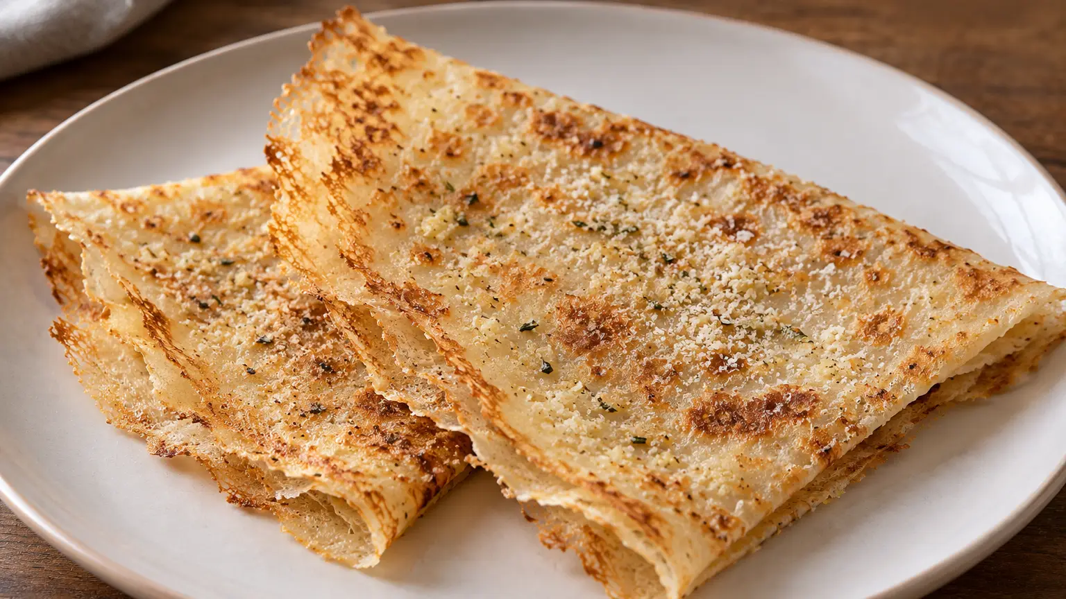 Borlenghi sottili croccanti con un velo di lardo e Parmigiano fine piegati in quattro
