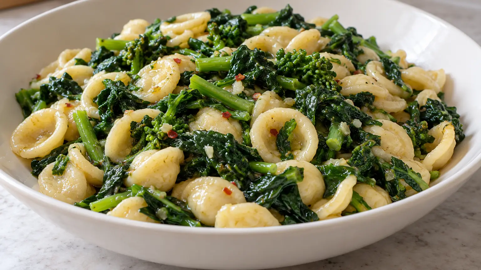 Orecchiette con cime di rapa verdi condimento alle acciughe e piccoli pezzi di peperoncino rosso