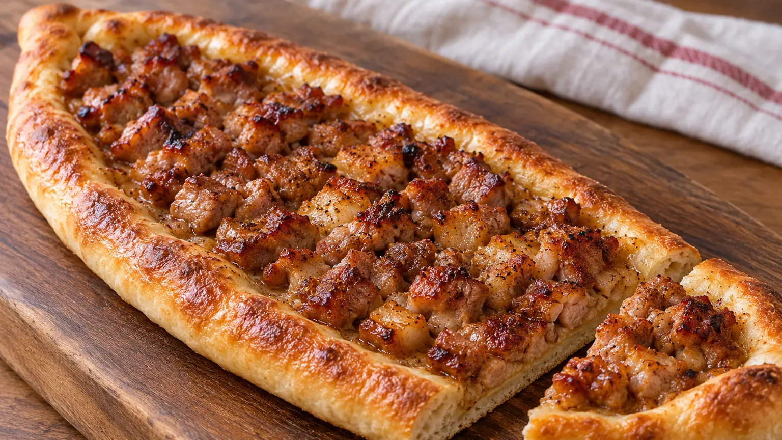 Goudbruine pastrmajlija met kleine gebakken varkensstukjes op een dun midden en hogere gistdeegrand