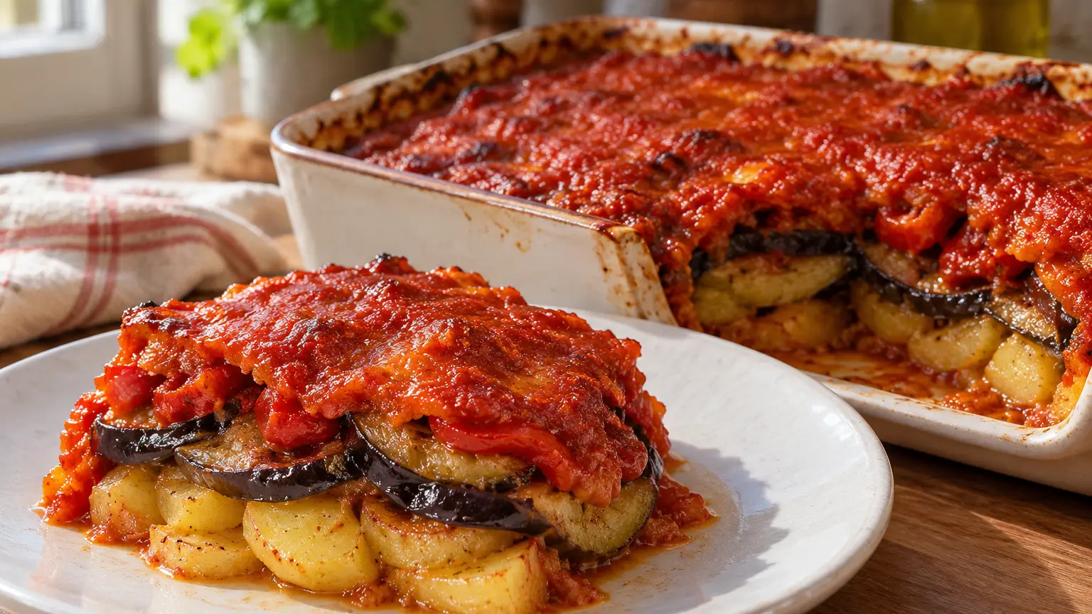 Tumbet maiorchino con strati di patate, melanzane e peperoni rossi fritti sotto salsa di pomodoro