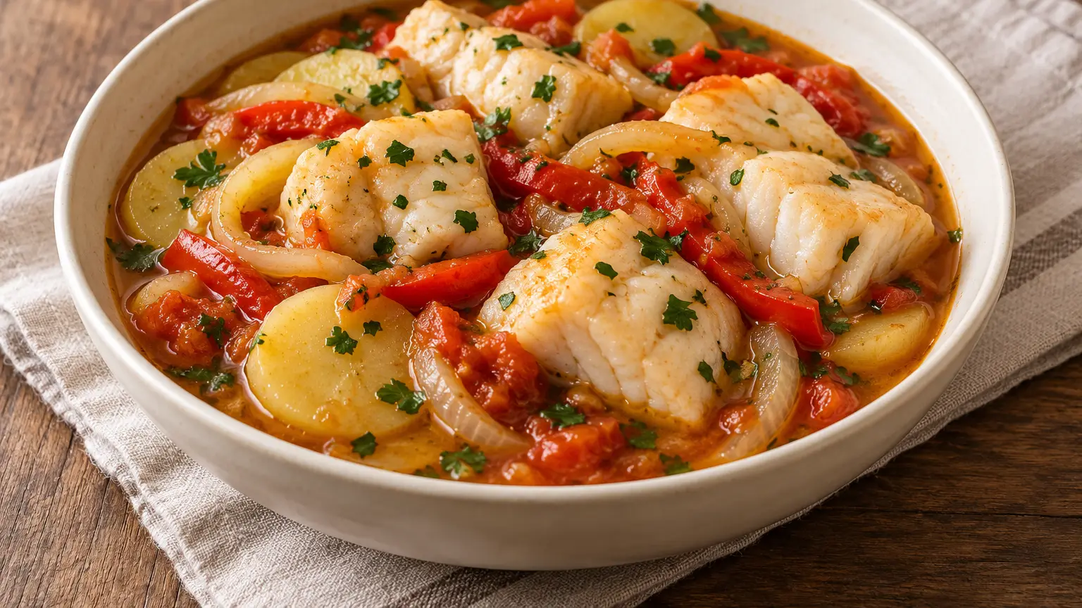 Caldeirada portoghese con nasello e rana pescatrice patate peperone e prezzemolo nel brodo di pomodoro