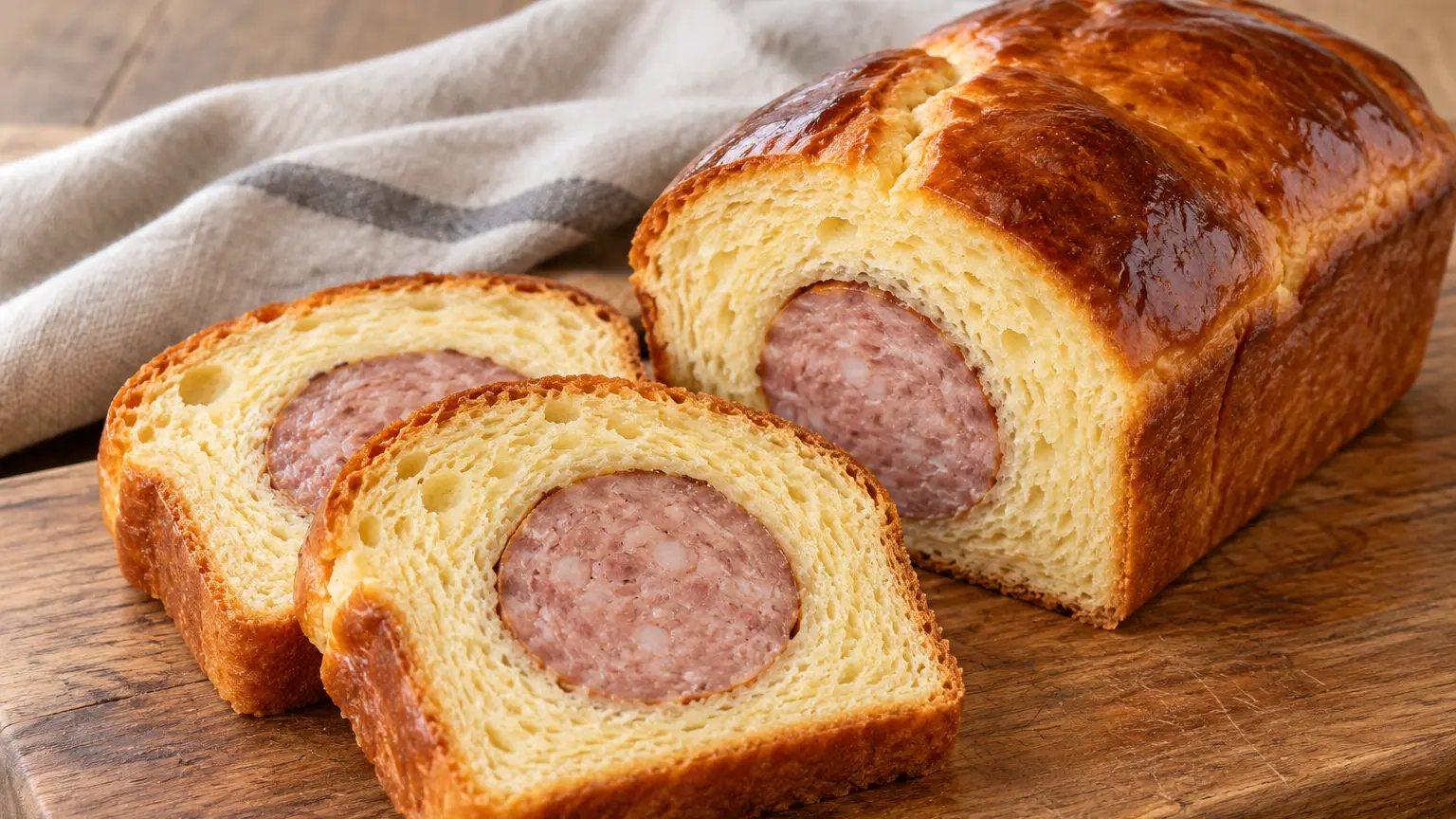 Brioche dorata al burro tagliata a fette con una sola salsiccia lionese cotta al centro