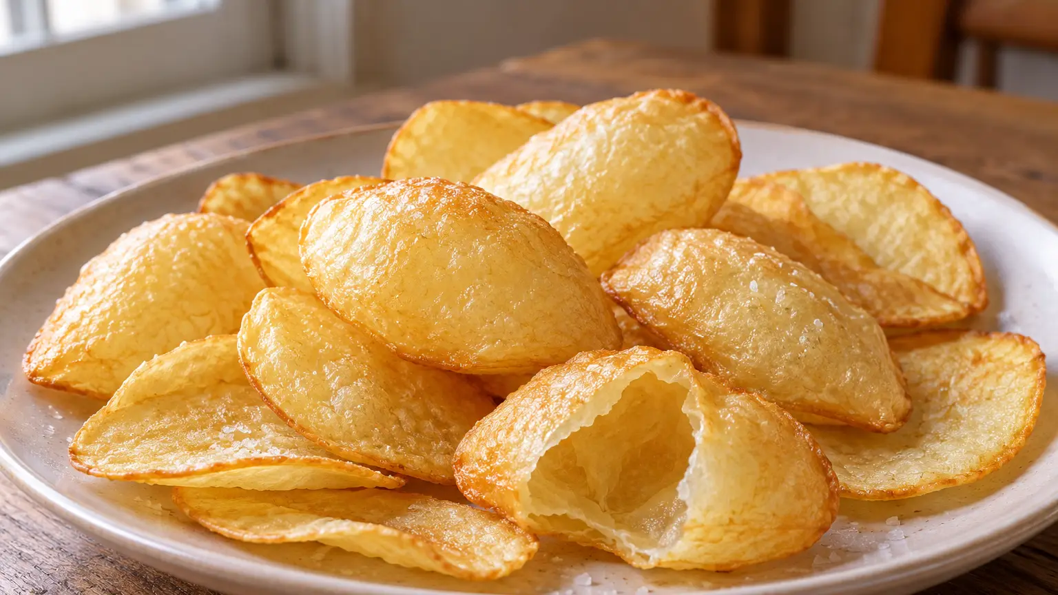 Gouden pommes soufflées met dun knapperig korstje en holle binnenkant naast platte chips