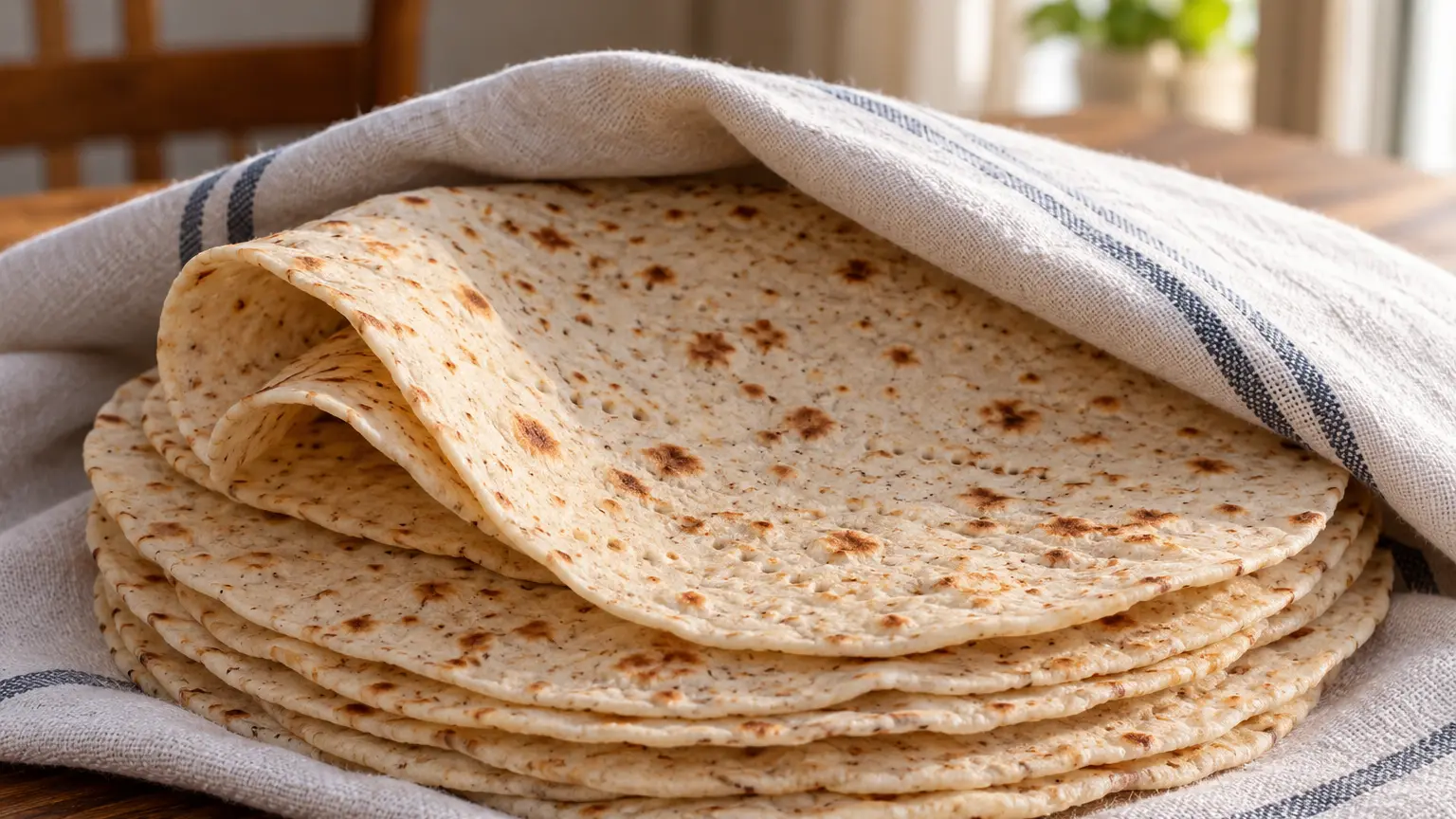 Tunnbröd sottili e morbidi con macchie brune impilati con un pane piegato morbidamente