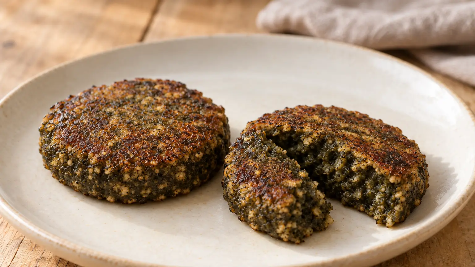Frittelle gallesi scure di laverbread con particelle d’avena e bordi dorati su un piatto