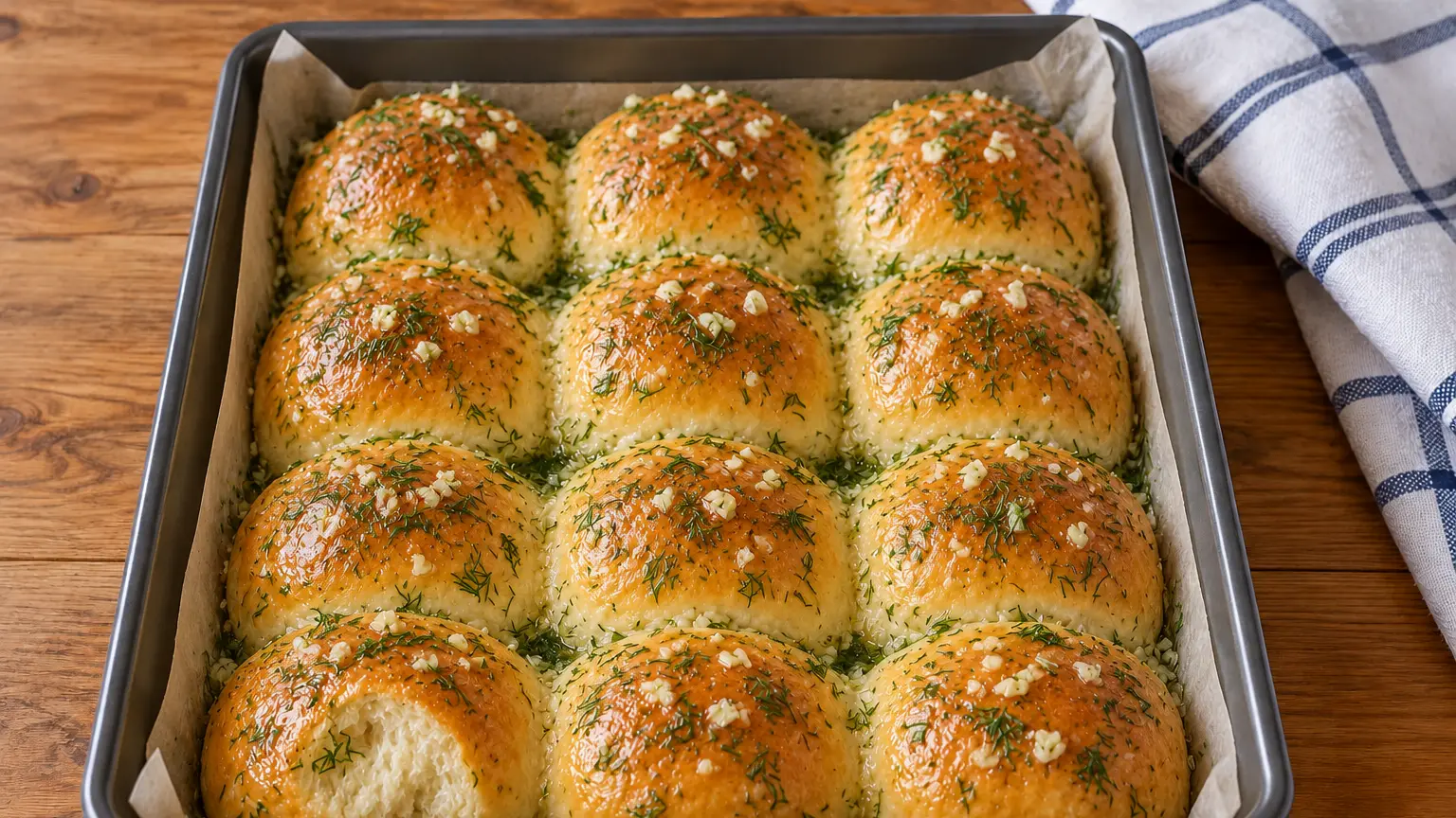 Goudkleurige luchtige pampushky met knoflook en verse dille met één losgetrokken zacht broodje