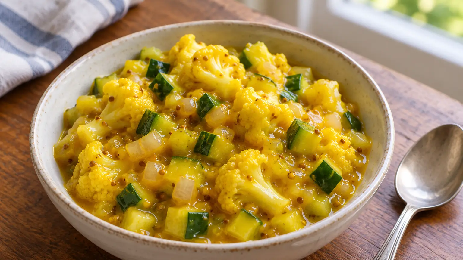 Piccalilli britannico con cavolfiore cetriolo e scalogni croccanti in una salsa gialla densa