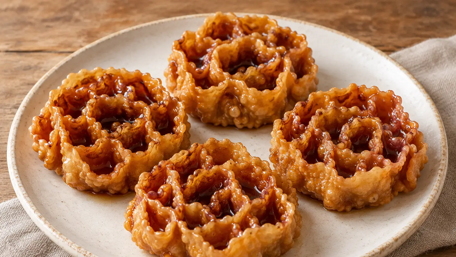 Golden cartellate rosettes made from thin pastry and coated with glossy cooked grape must