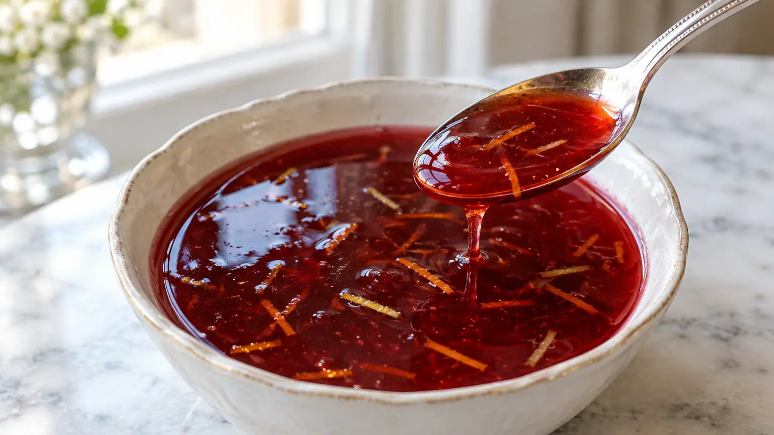 Salsa Cumberland rubino con porto e delicate striscioline di scorza d’arancia e limone