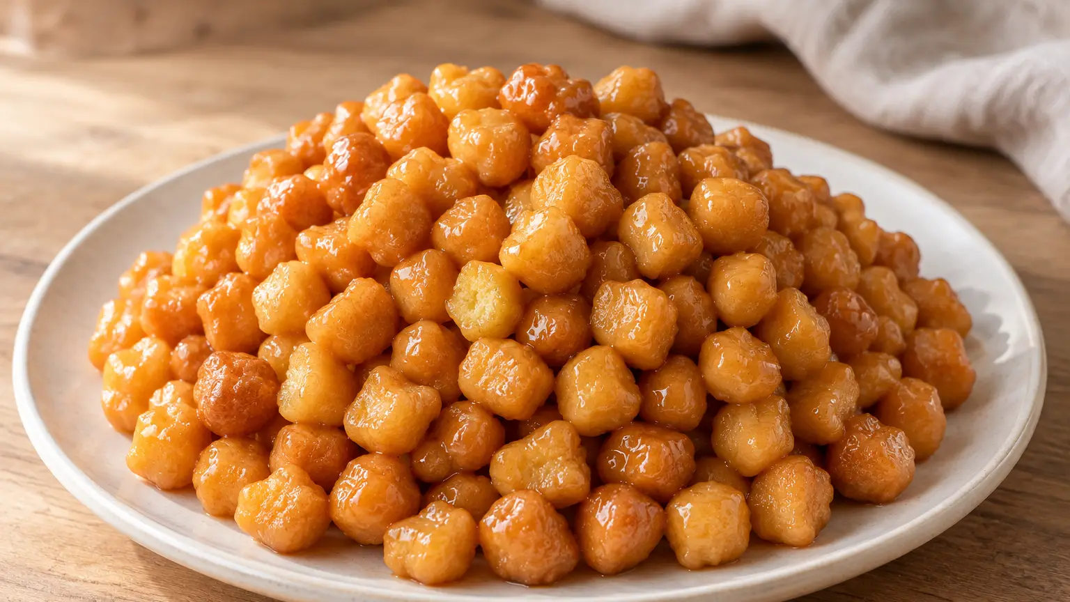 Tiny golden struffoli with orange zest coated in honey and arranged in a low mound