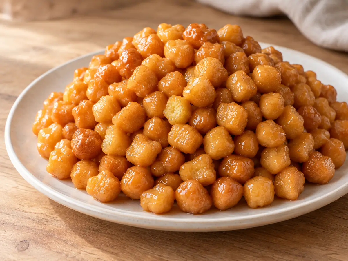 Struffoli — tiny fried dough balls with honey and orange