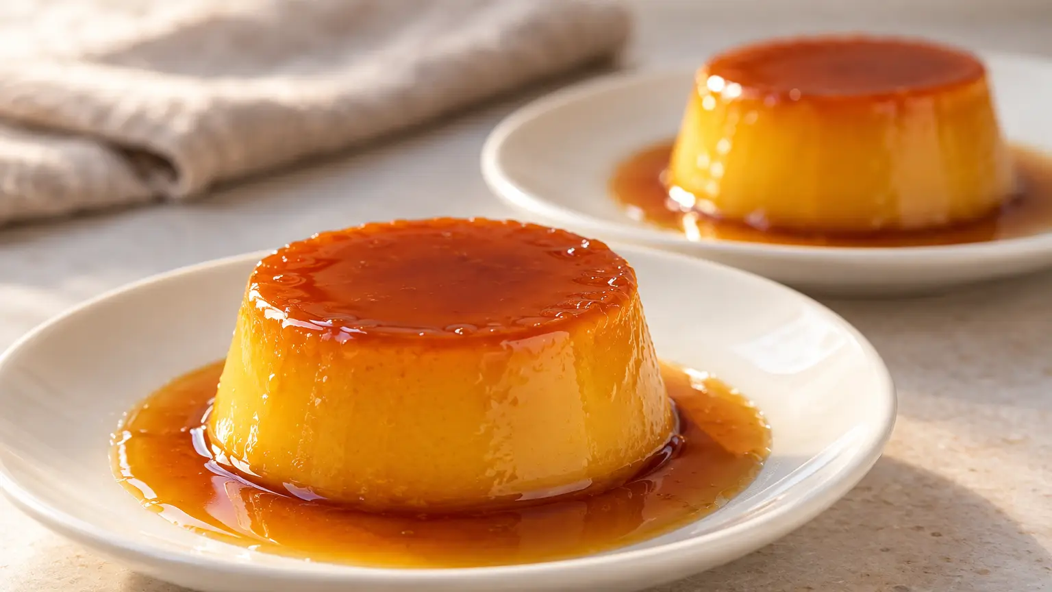 Tocino de cielo dorato su un piattino, ricoperto di caramello ambrato lucido e circondato dalla salsa.