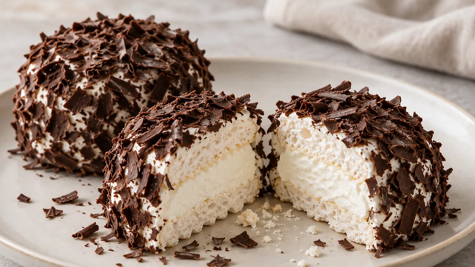 Kleine merveilleux van krokante meringue en slagroom, volledig bedekt met schaafsel van pure chocolade