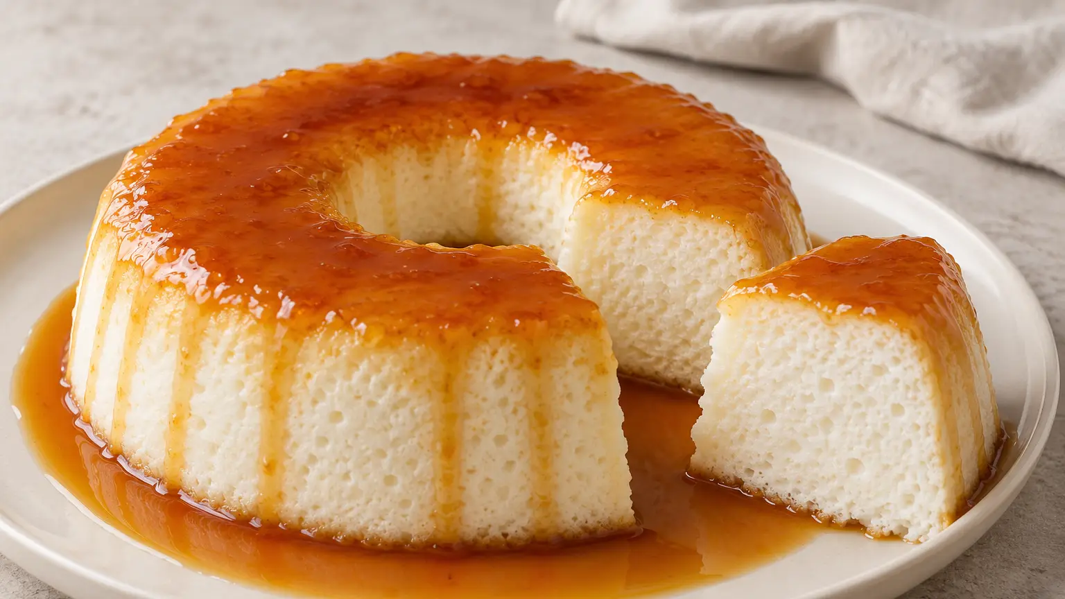 Budino molotof spumoso a forma di anello con caramello ambrato e una fetta tagliata