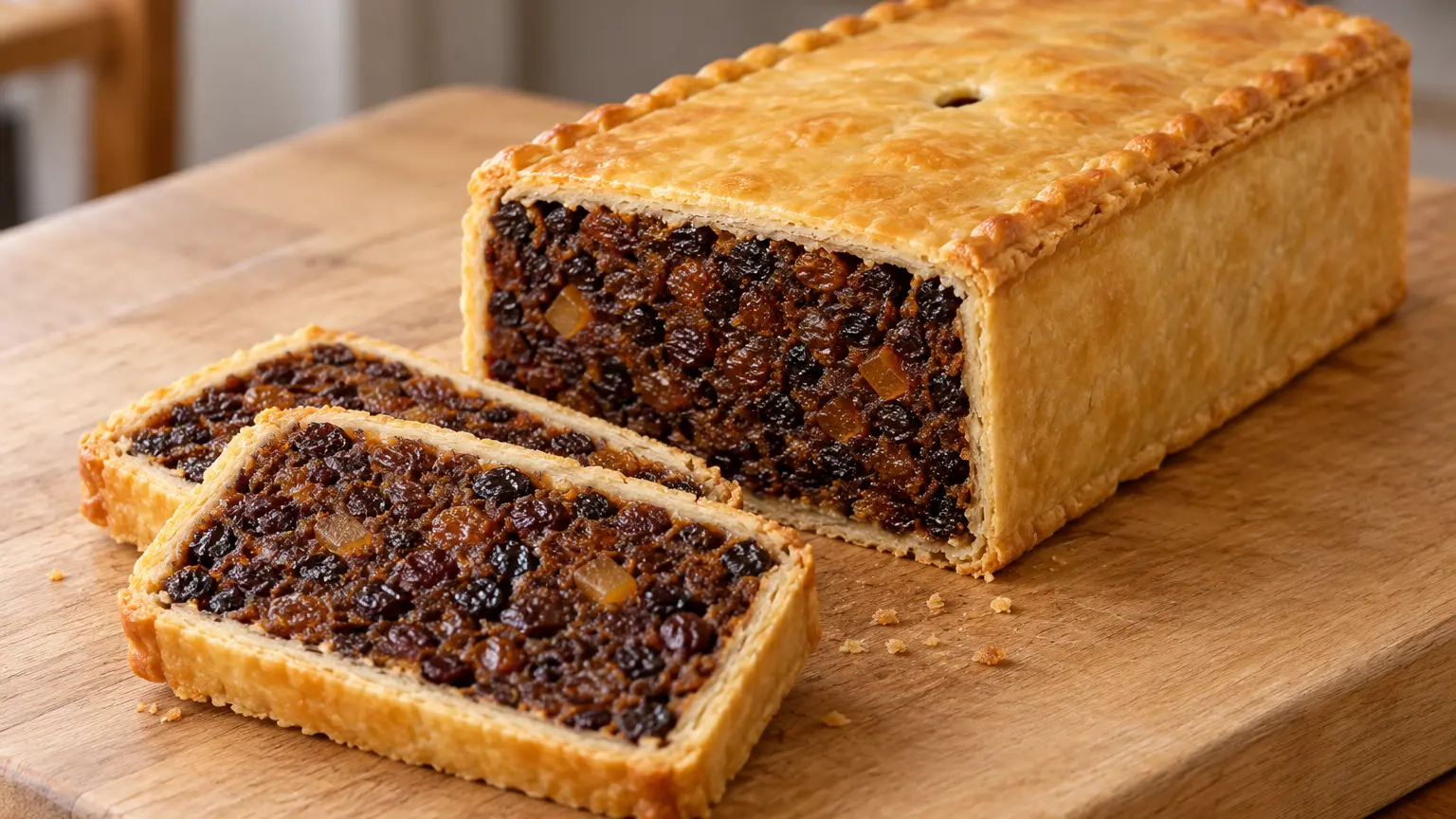 Scottish black bun with thin golden pastry and dark filling packed with raisins and currants