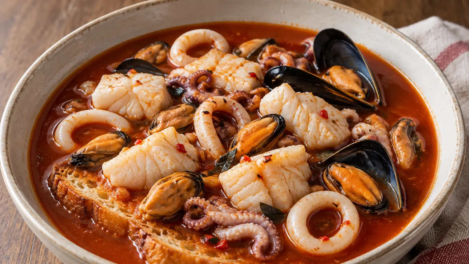 Cacciucco met witte vis, inktvis en mosselen in rode bouillon op knoflooktoast
