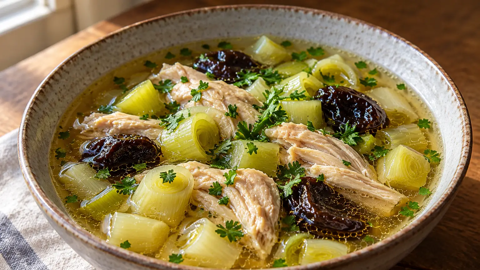 Cock-a-leekie, zuppa limpida con pezzi di pollo, porri, prugne secche e prezzemolo fresco