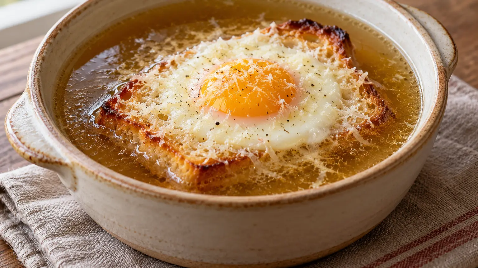 Zuppa alla pavese, pane al burro, uovo dall’albume rappreso e parmigiano nel brodo limpido