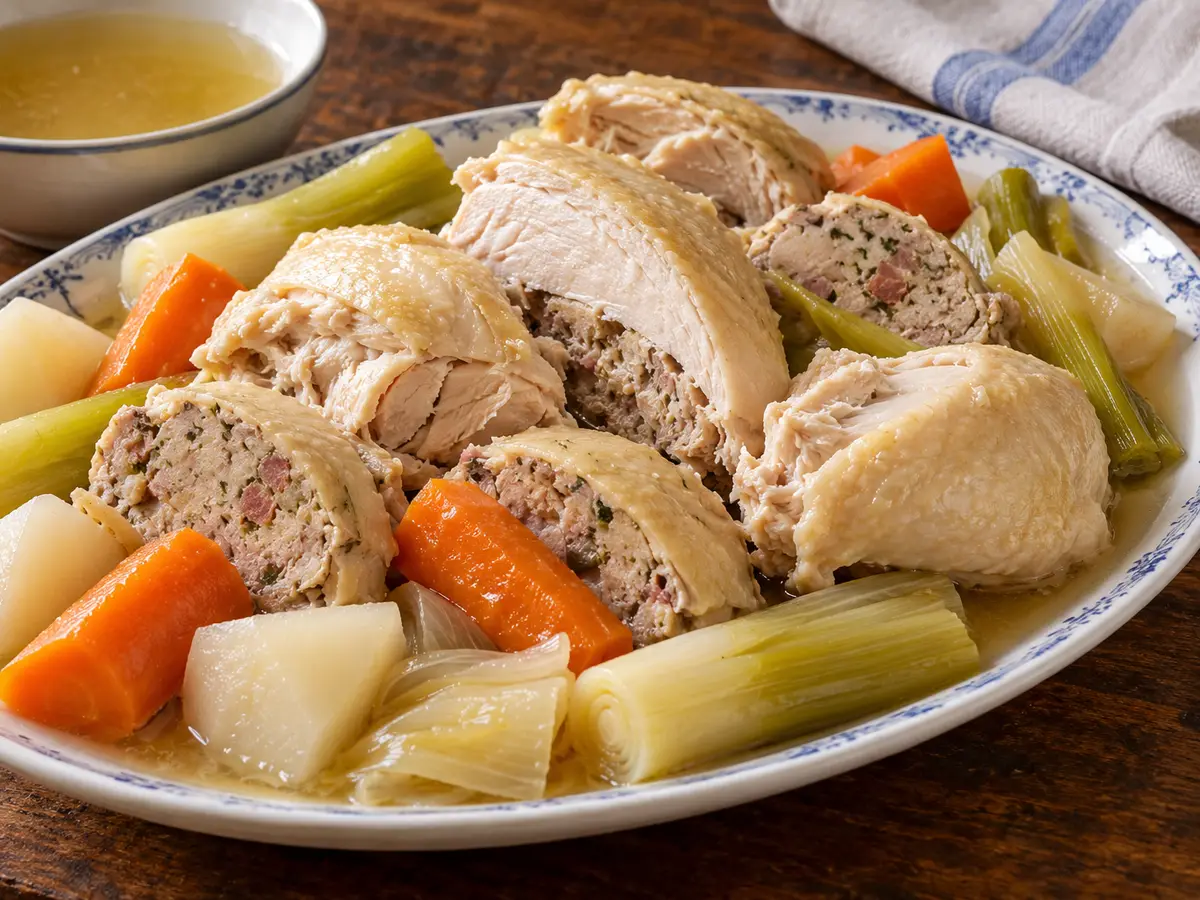 Poule au pot farcie — gallina ripiena con verdure in brodo